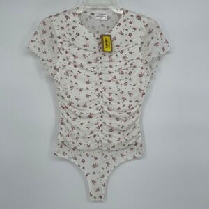 Vestique White Floral Ruched Bodysuit Short Sleeve Thong G-string Size S